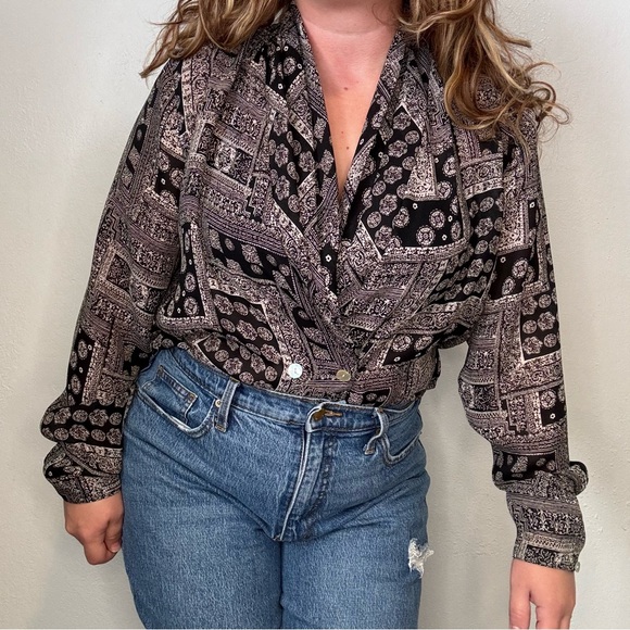 American Vintage Tops - Vtg Susan Hutton Black‎ & White Button Down Double Breasted Blouse Size 14